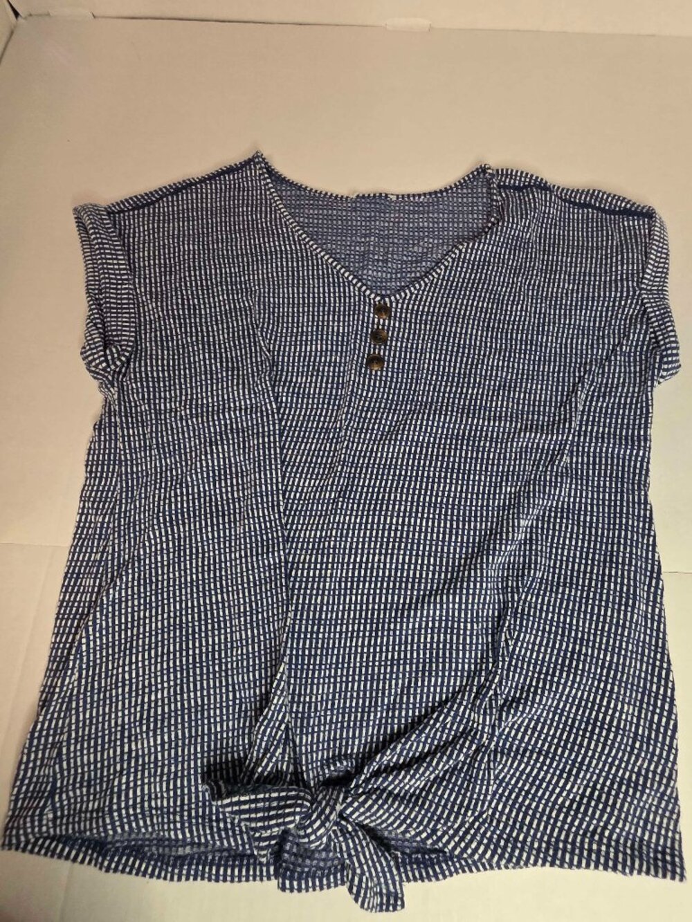 Women's Blue White Checkered Tie Front Cap Sleeve Top Button XL